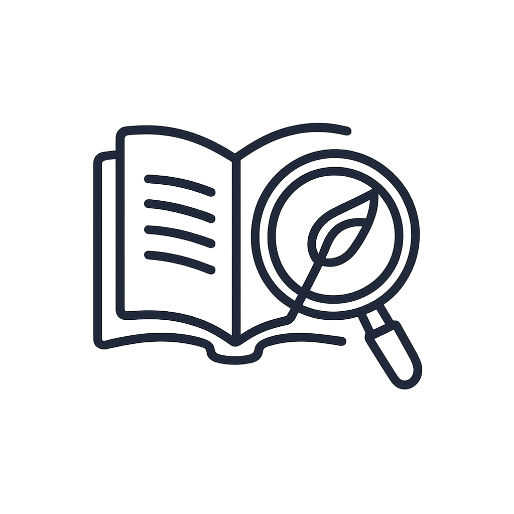 A stylized black and grey line drawing of an open book beside a magnifying glass with a plant inside it.